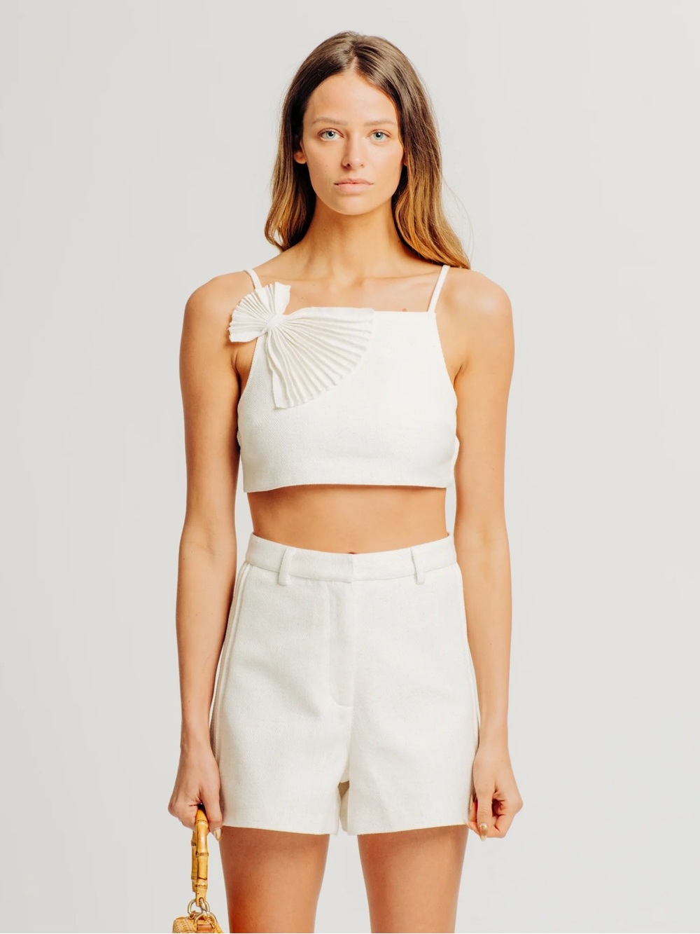 Torn by Ronny Kobo Ivory Pleated Fan Crop Camisole